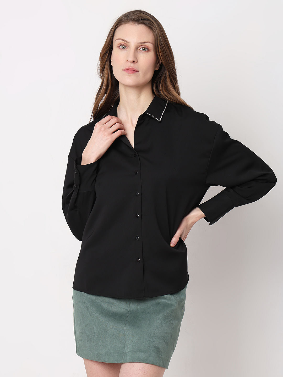 Black Studded Collar Shirt