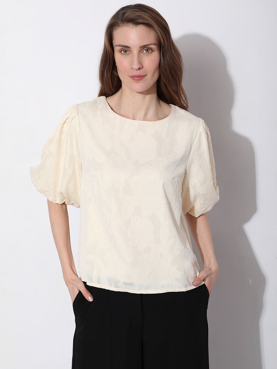 Beige Puff Sleeves Top