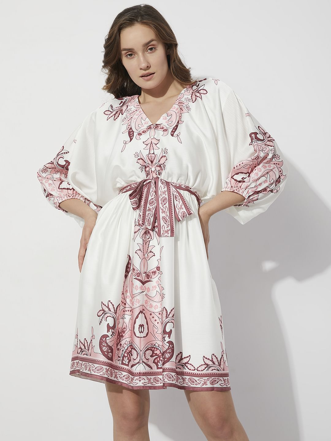 White Boho Print Fit & Flare Dress