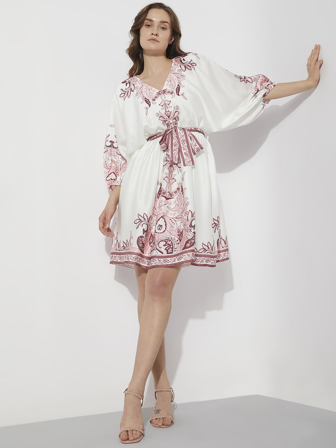 White Boho Print Fit & Flare Dress