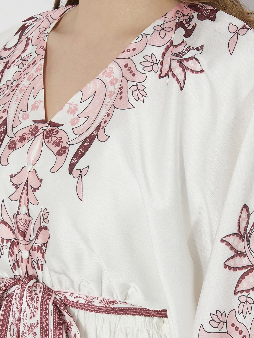 White Boho Print Fit & Flare Dress