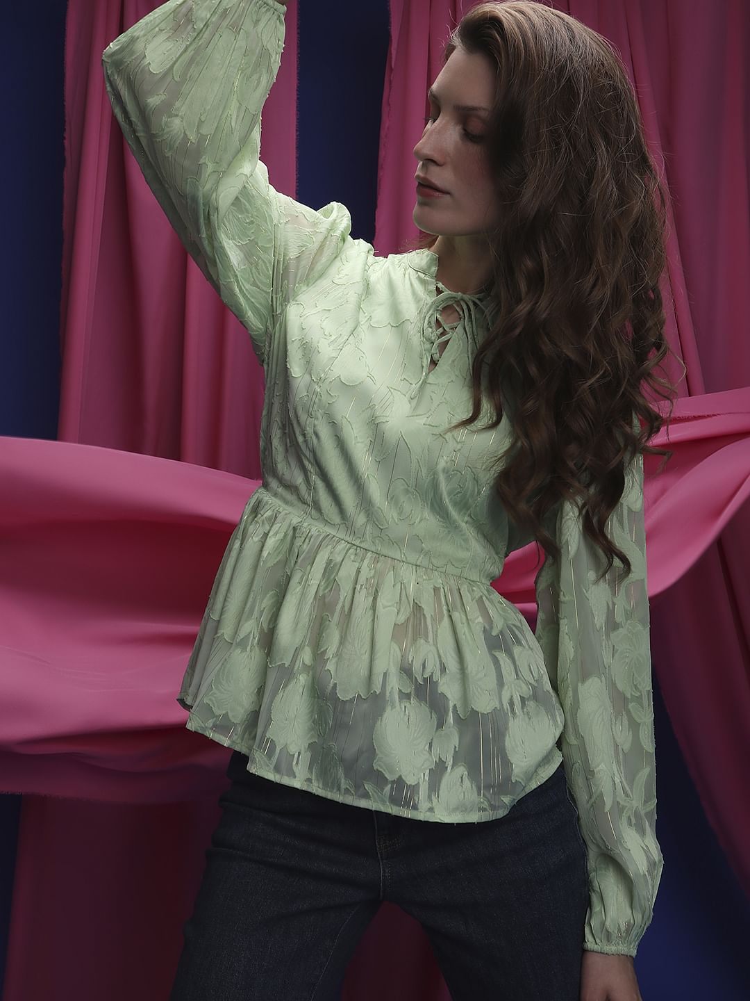 Green Floral Peplum Top