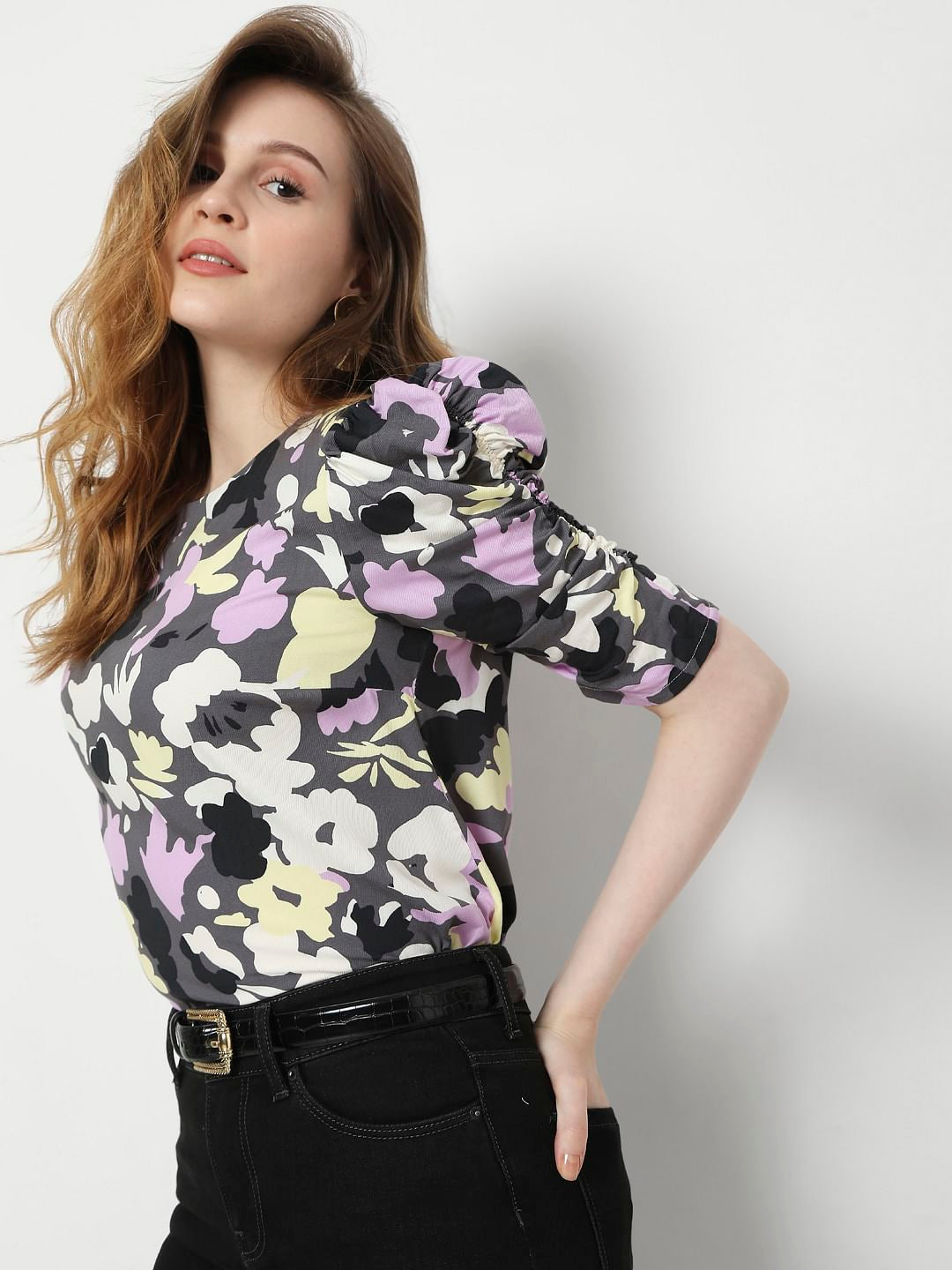 Grey Abstract Print Puff Sleeves Top