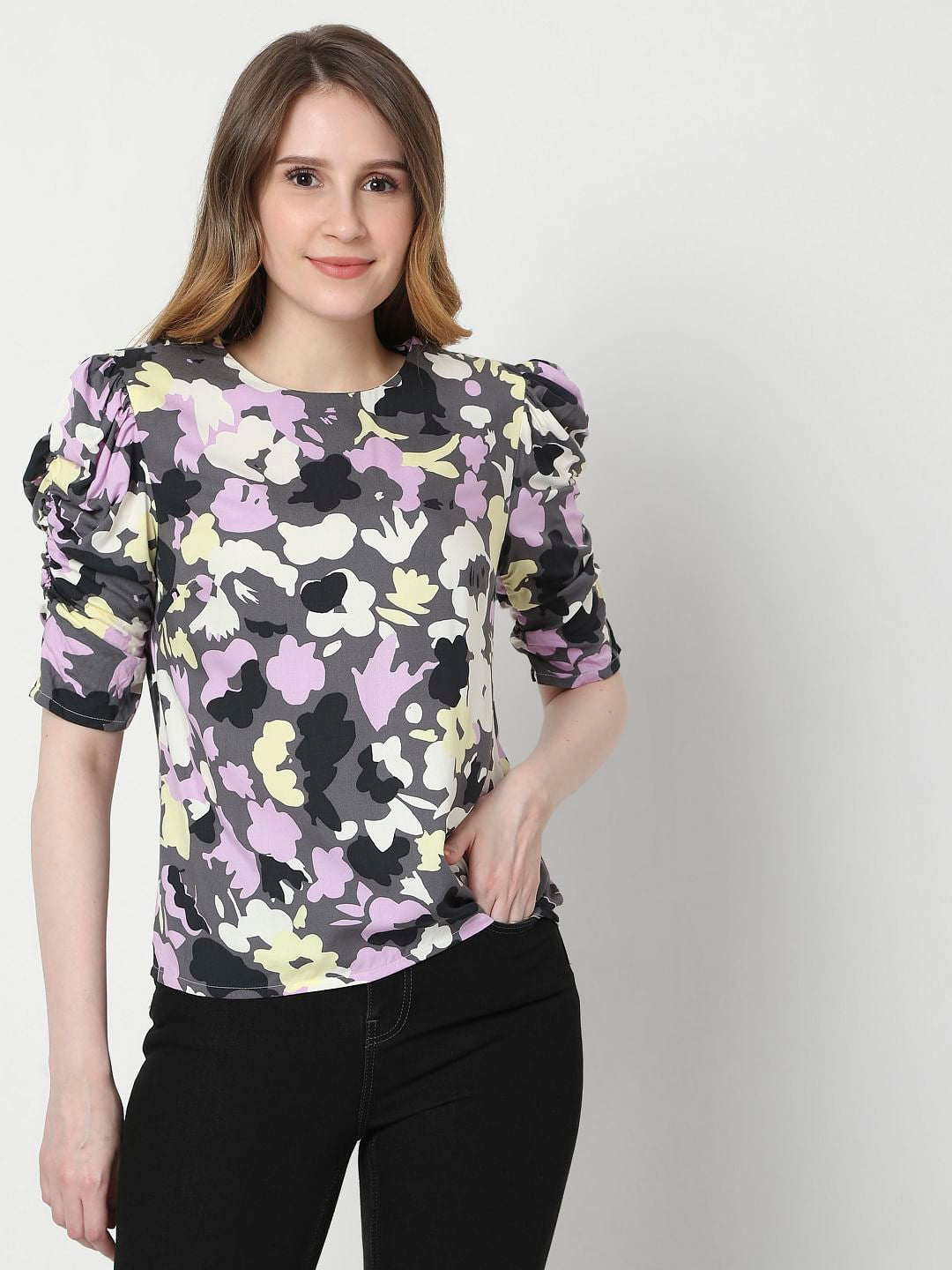 Grey Abstract Print Puff Sleeves Top