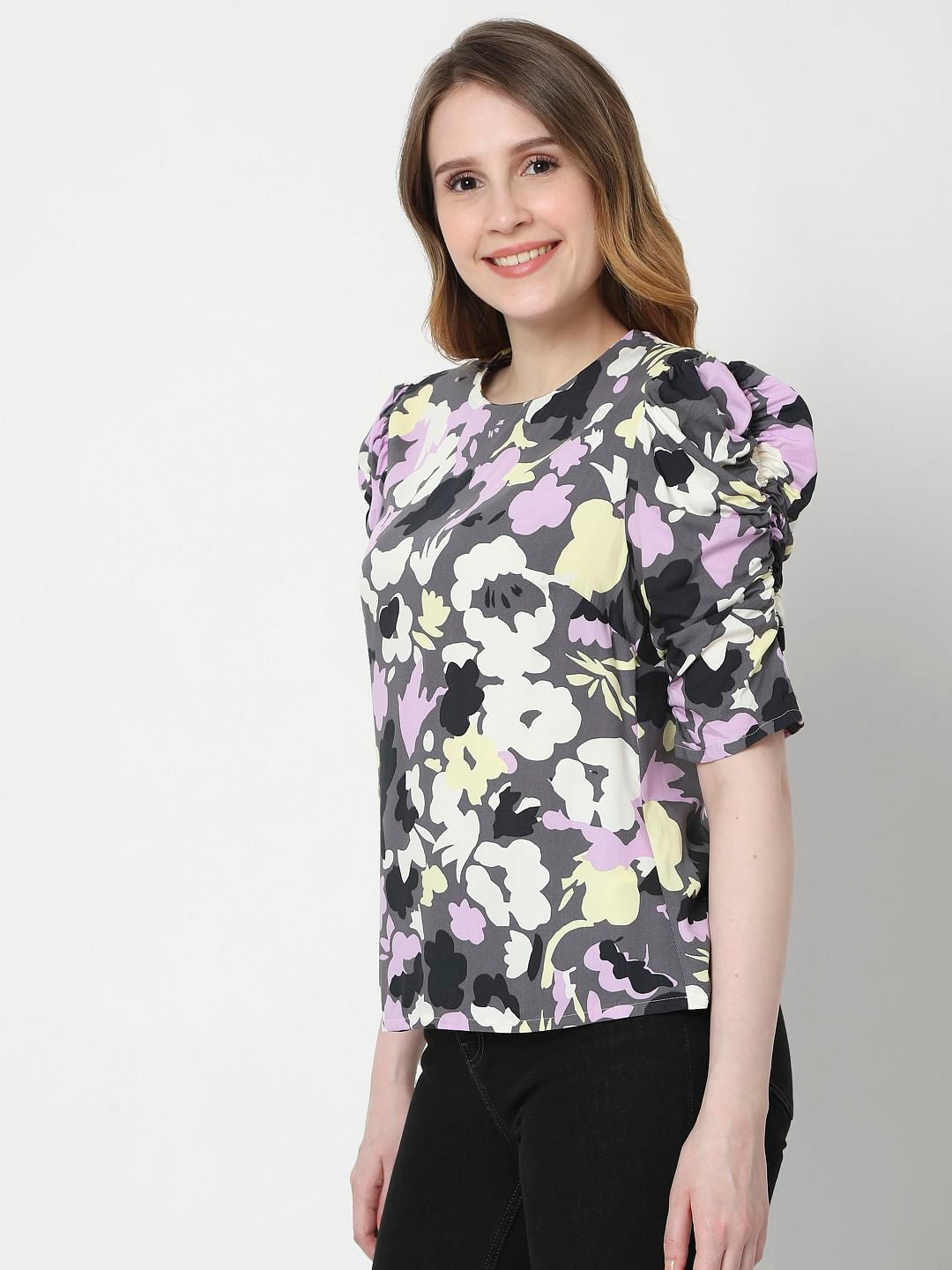 Grey Abstract Print Puff Sleeves Top