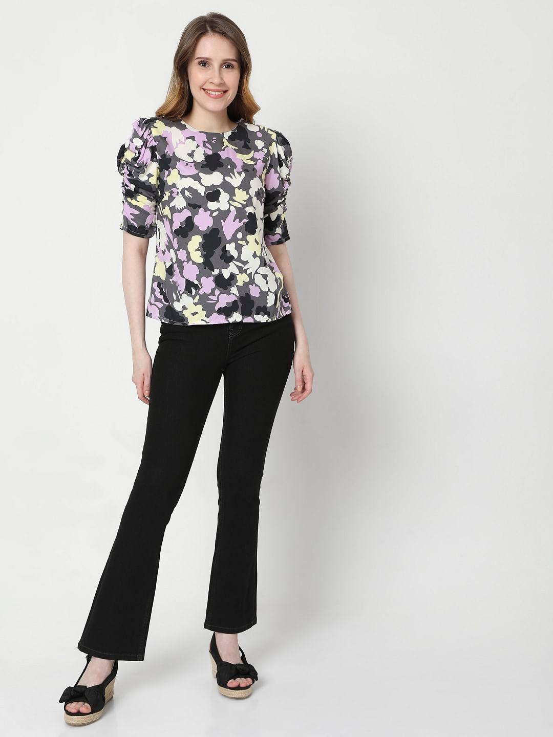 Grey Abstract Print Puff Sleeves Top