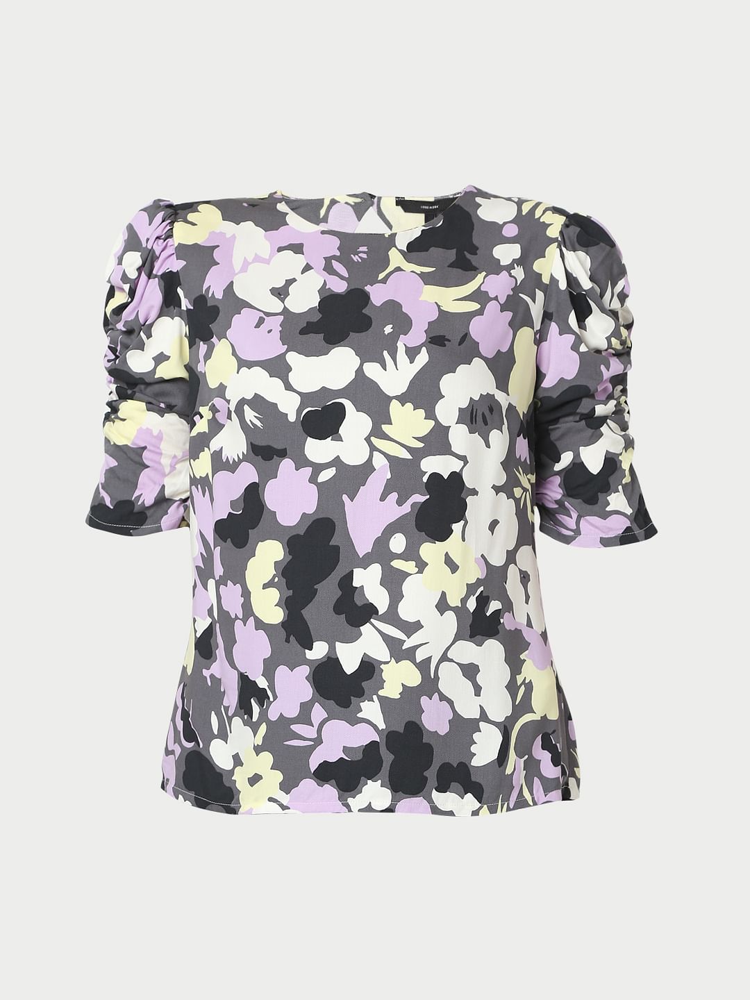 Grey Abstract Print Puff Sleeves Top