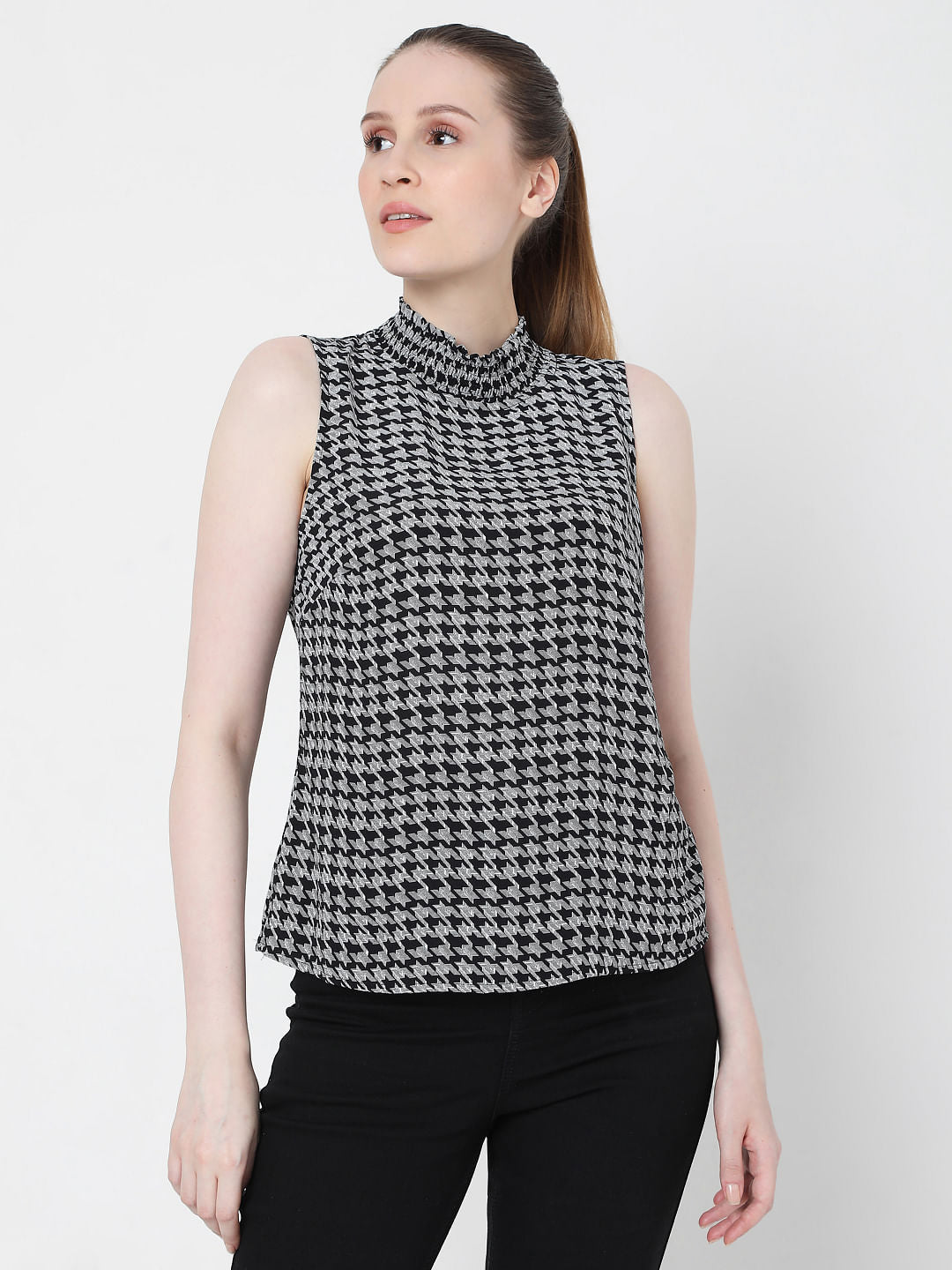 Grey Houndstooth Print Top