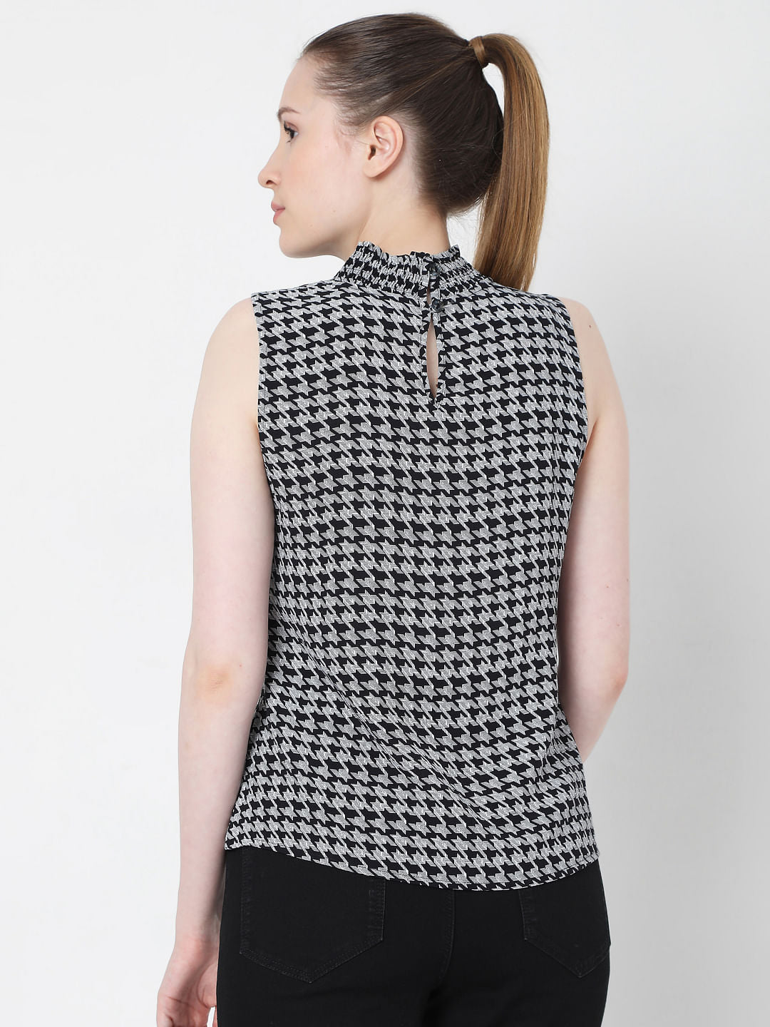 Grey Houndstooth Print Top