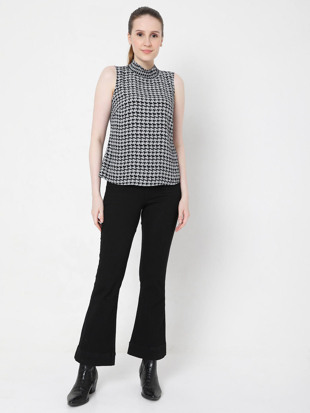 Grey Houndstooth Print Top
