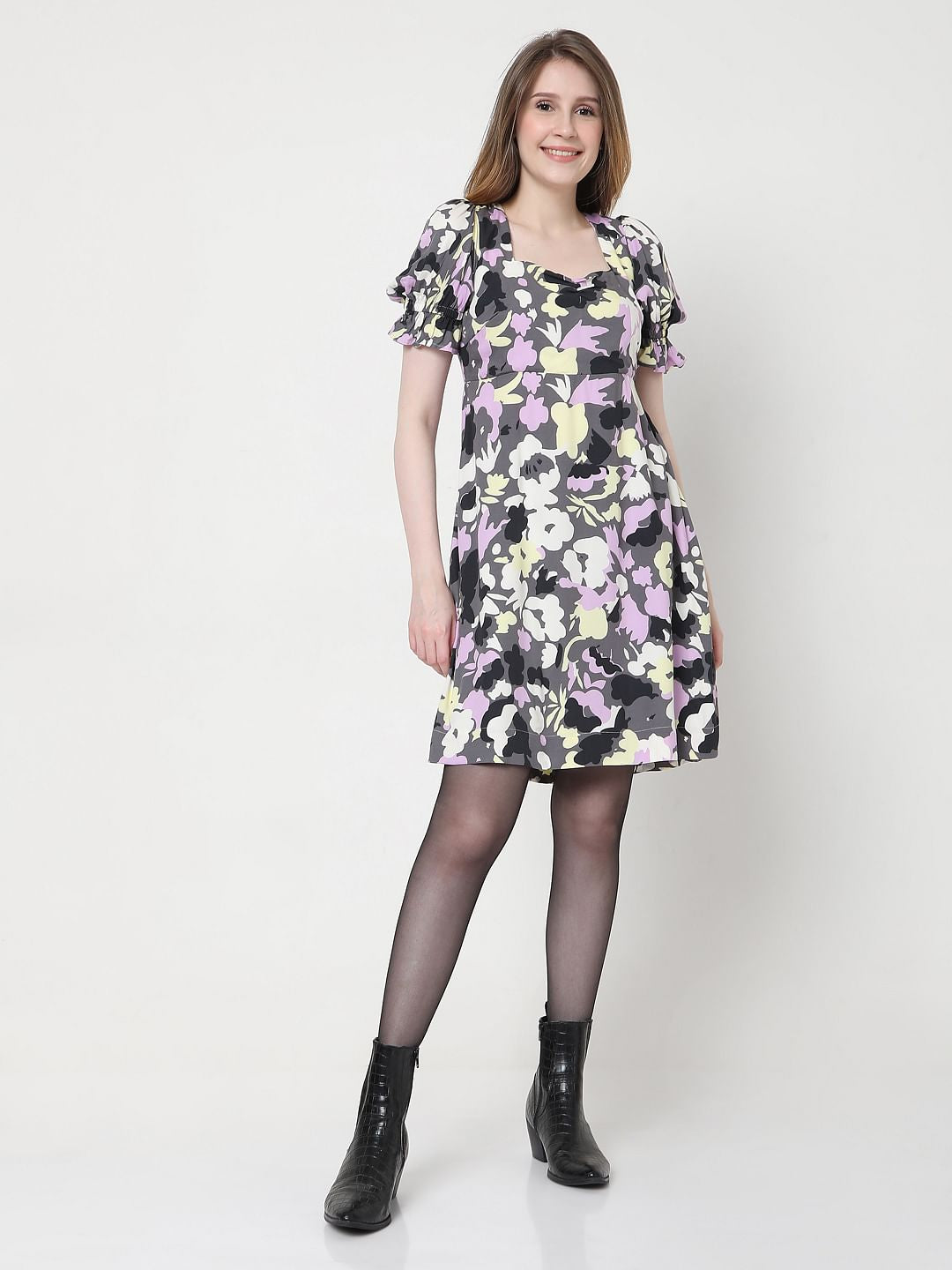 Grey Floral Mini Dress