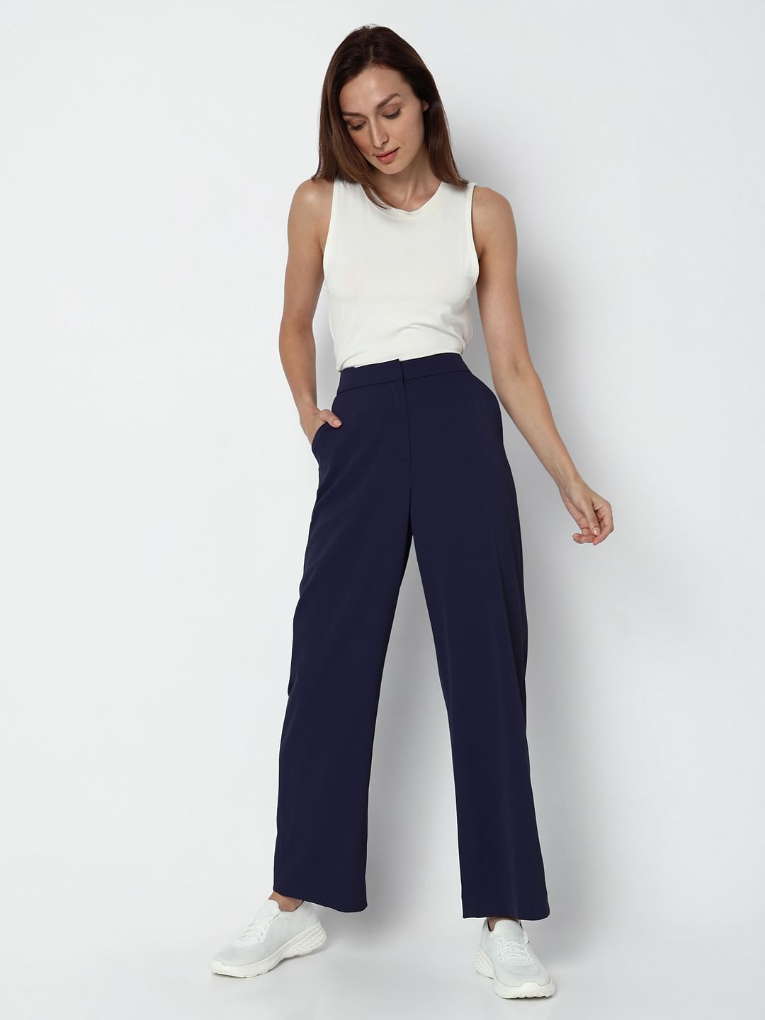 Navy Blue High Rise Straight Fit Pants