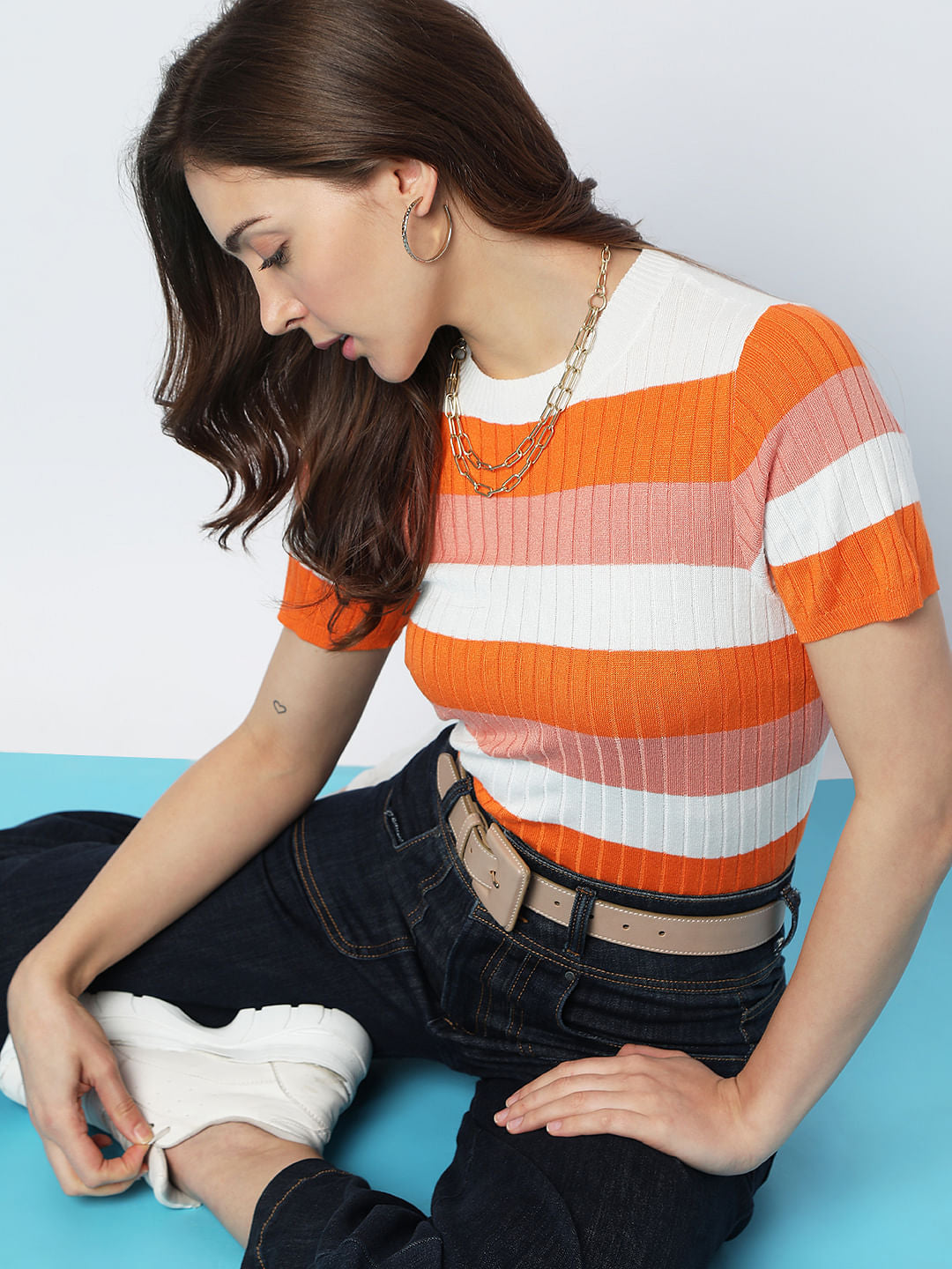 Orange Ribbed Striped Knit Top