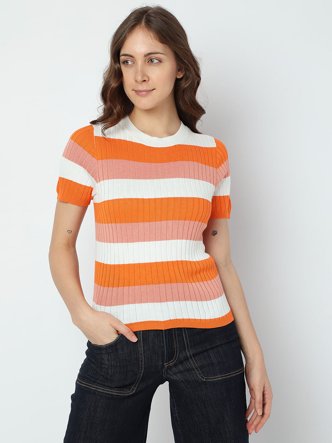 Orange Ribbed Striped Knit Top