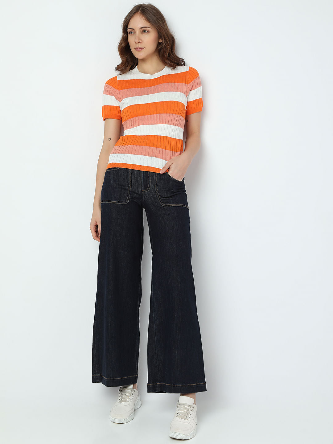 Orange Ribbed Striped Knit Top