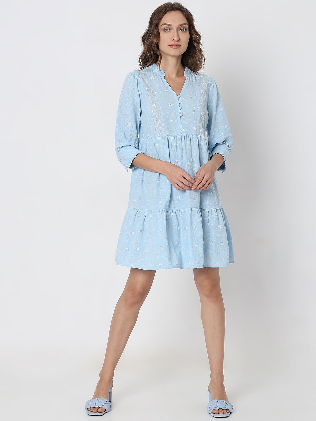 Light Blue Embroidered Shift Dress