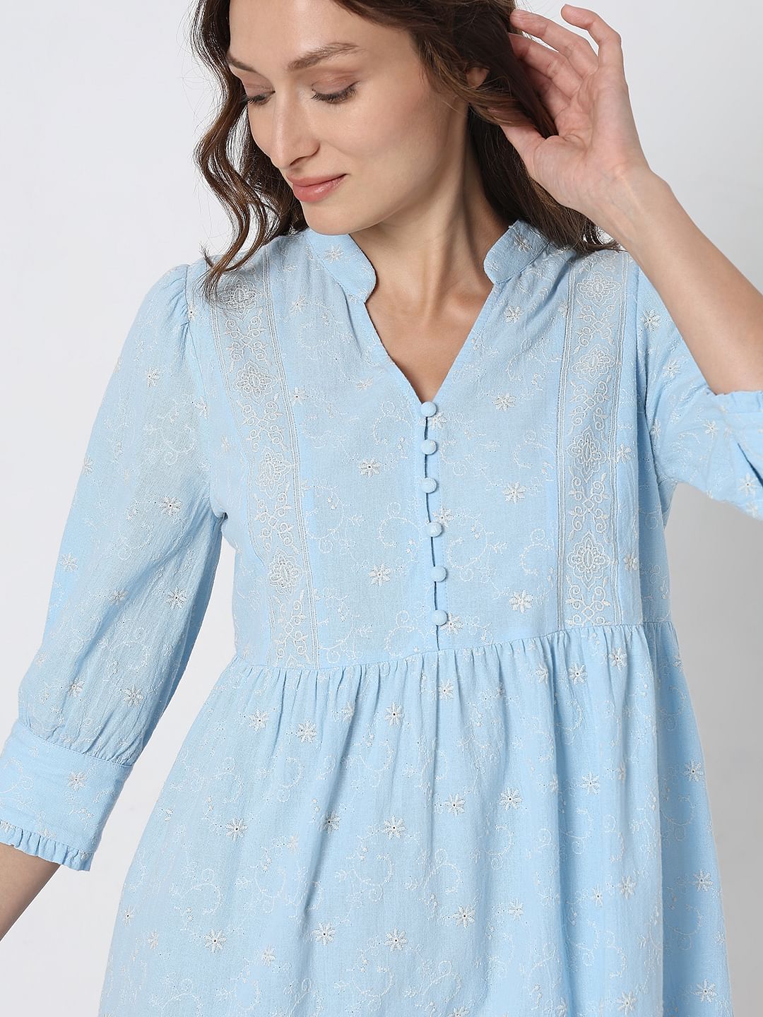 Light Blue Embroidered Shift Dress