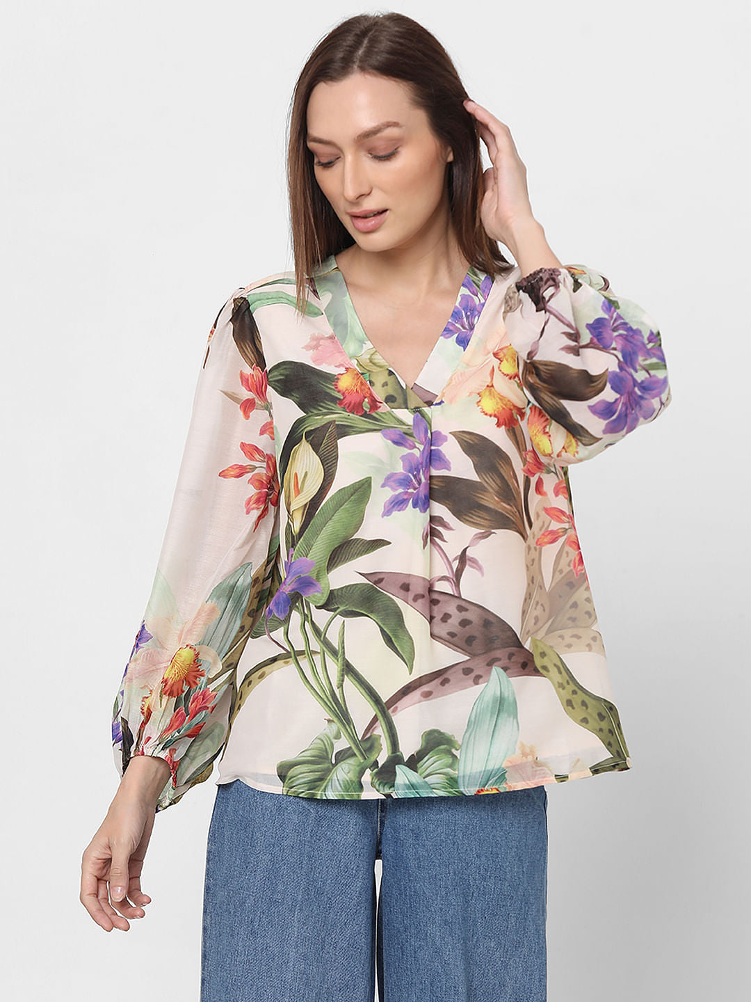 Peach Floral Print V-Neck Top