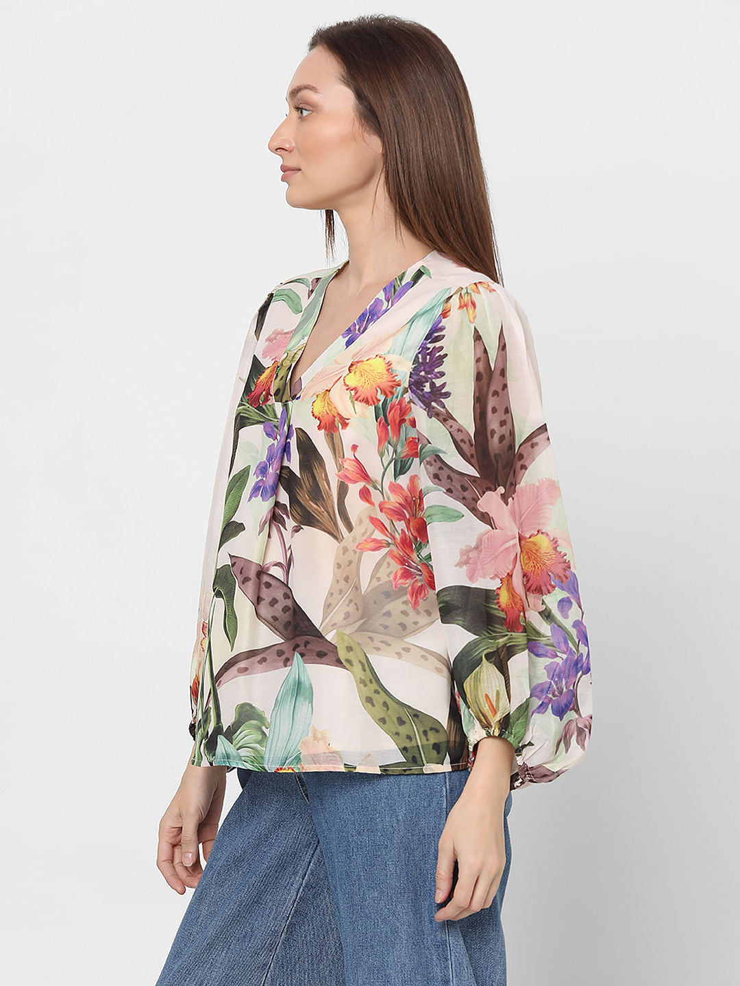 Peach Floral Print V-Neck Top