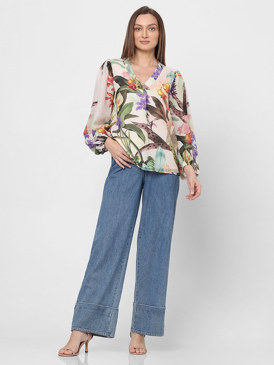 Peach Floral Print V-Neck Top