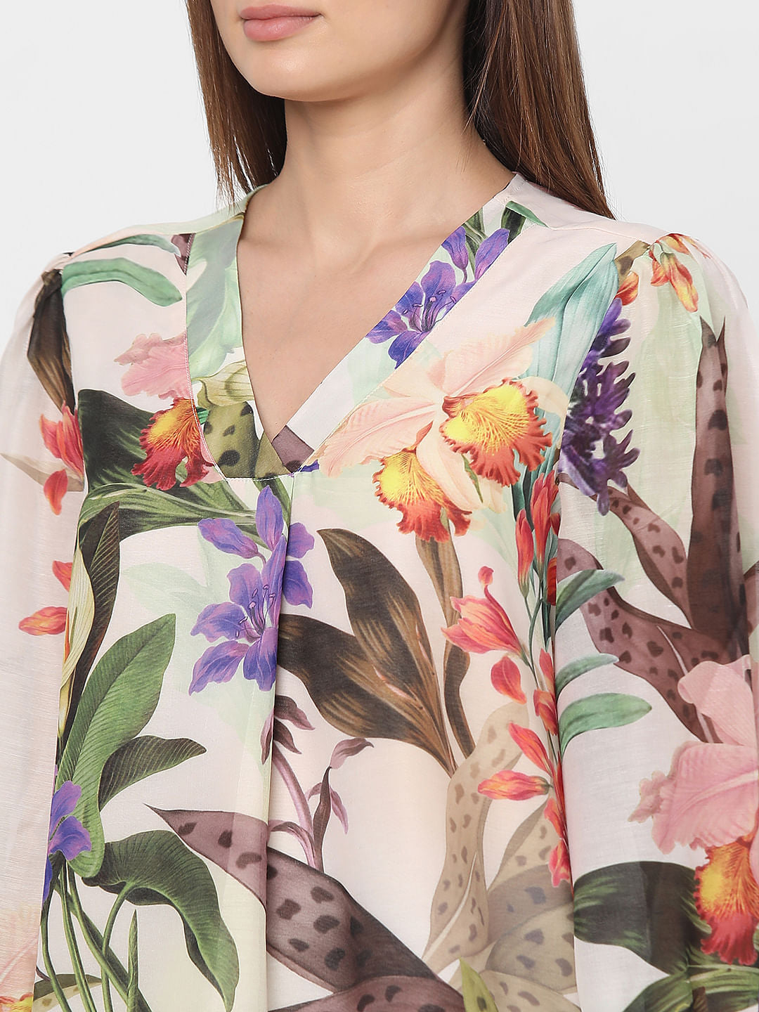 Peach Floral Print V-Neck Top