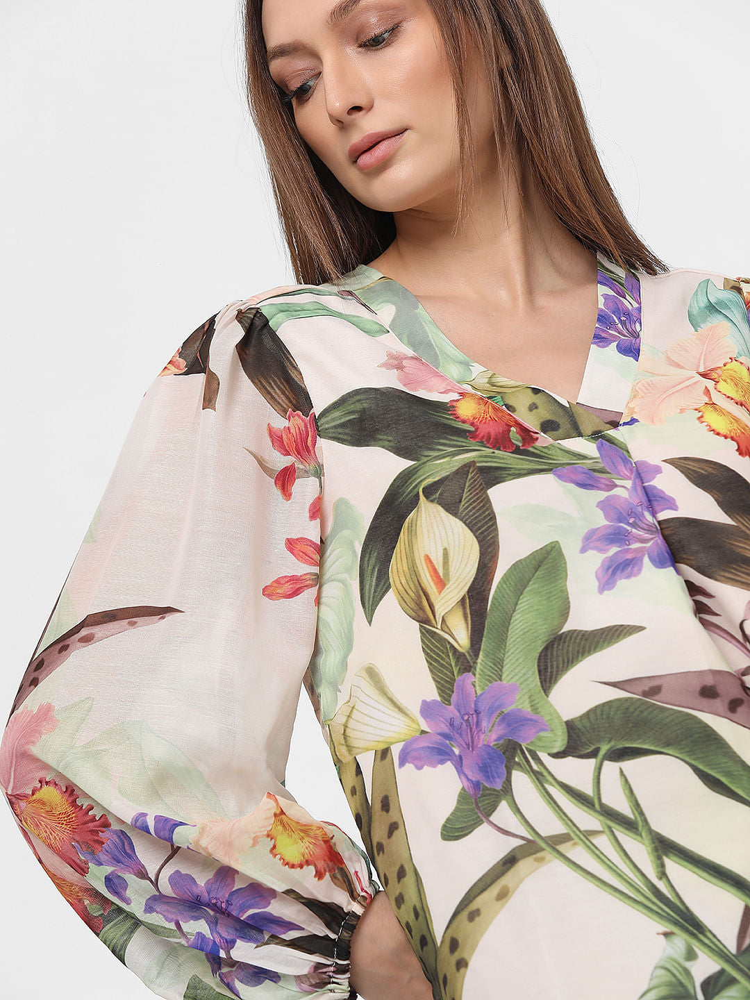 Peach Floral Print V-Neck Top