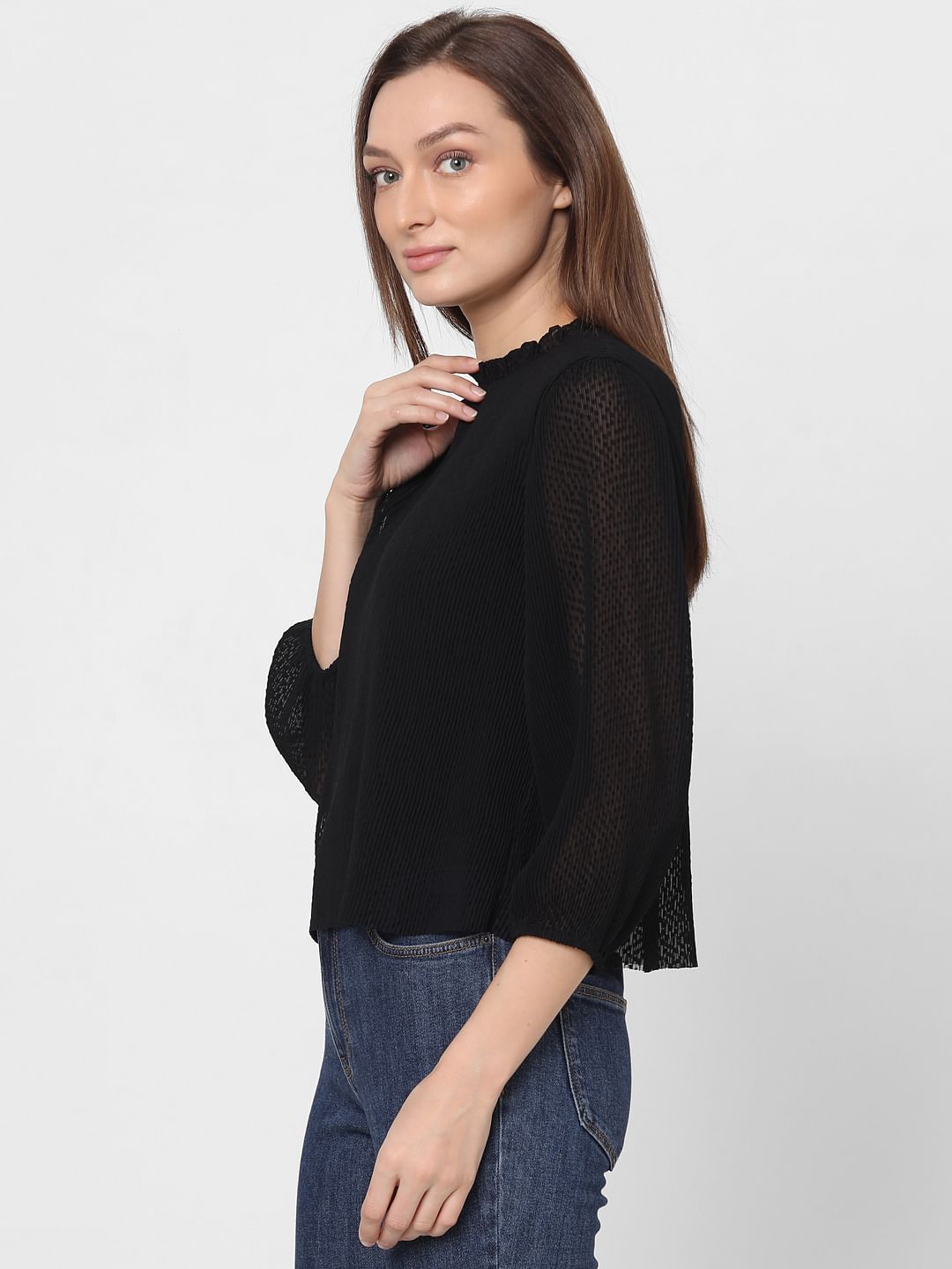 Black Plisse Pleated Top