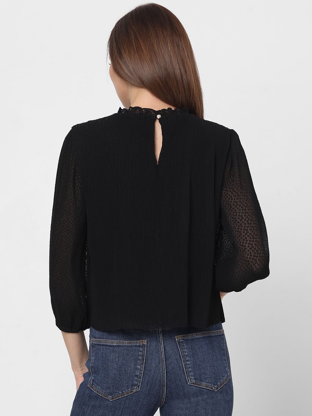 Black Plisse Pleated Top