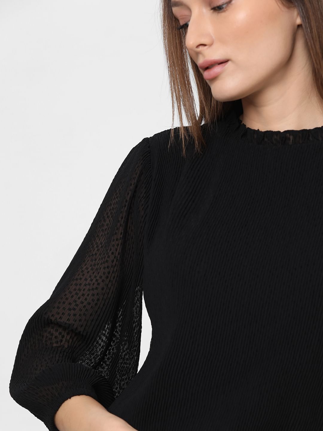 Black Plisse Pleated Top