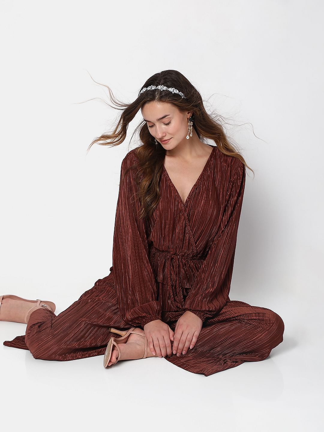 Brown High Rise Plisse Co-Ord Set Pants