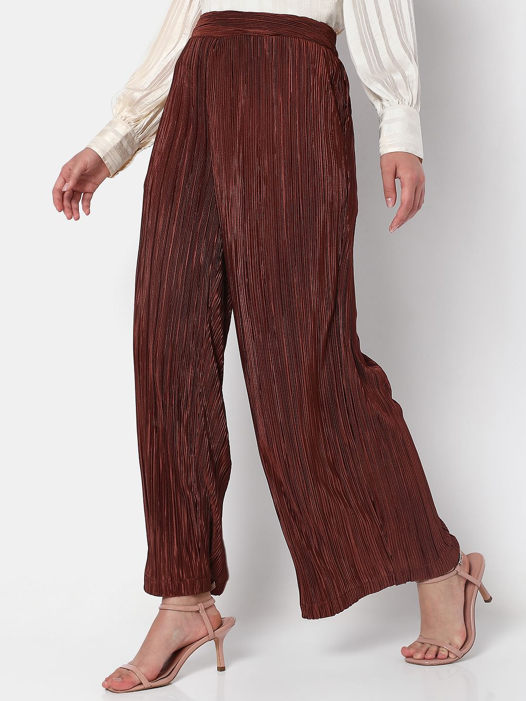 Brown High Rise Plisse Co-Ord Set Pants
