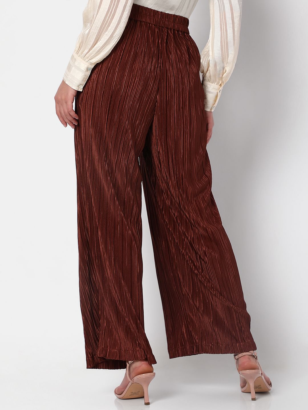 Brown High Rise Plisse Co-Ord Set Pants