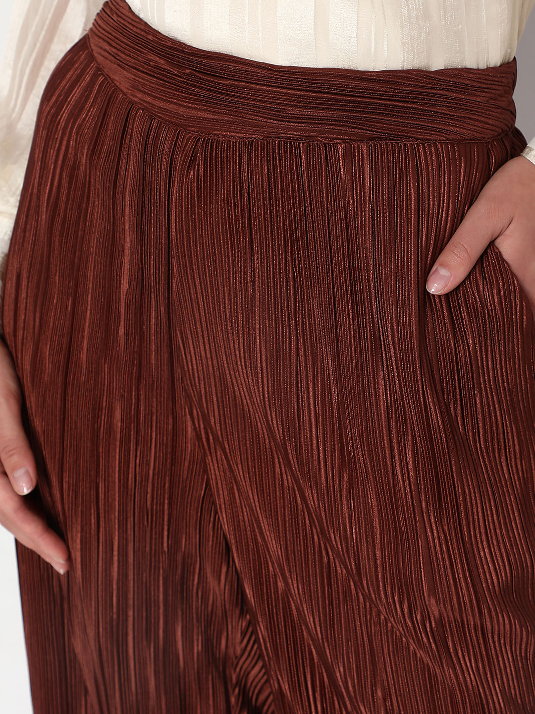 Brown High Rise Plisse Co-Ord Set Pants