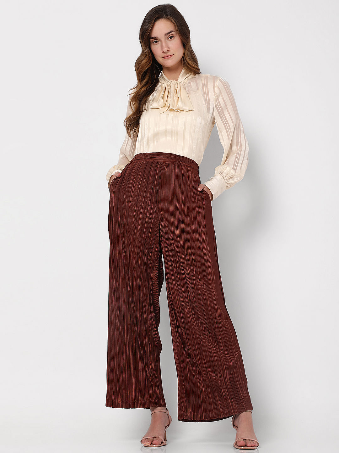 Brown High Rise Plisse Co-Ord Set Pants