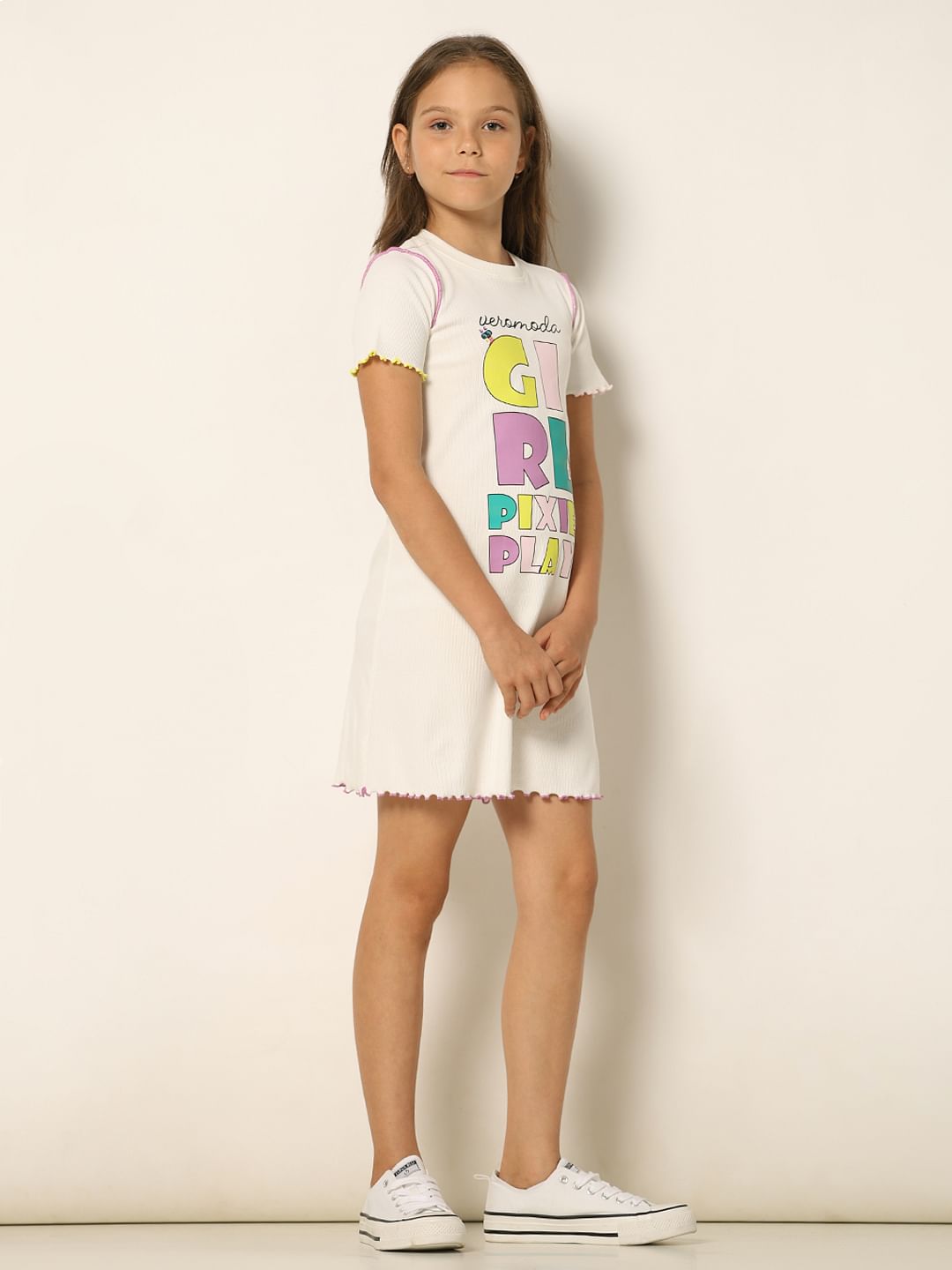White Printed Ribbed Shift Dress