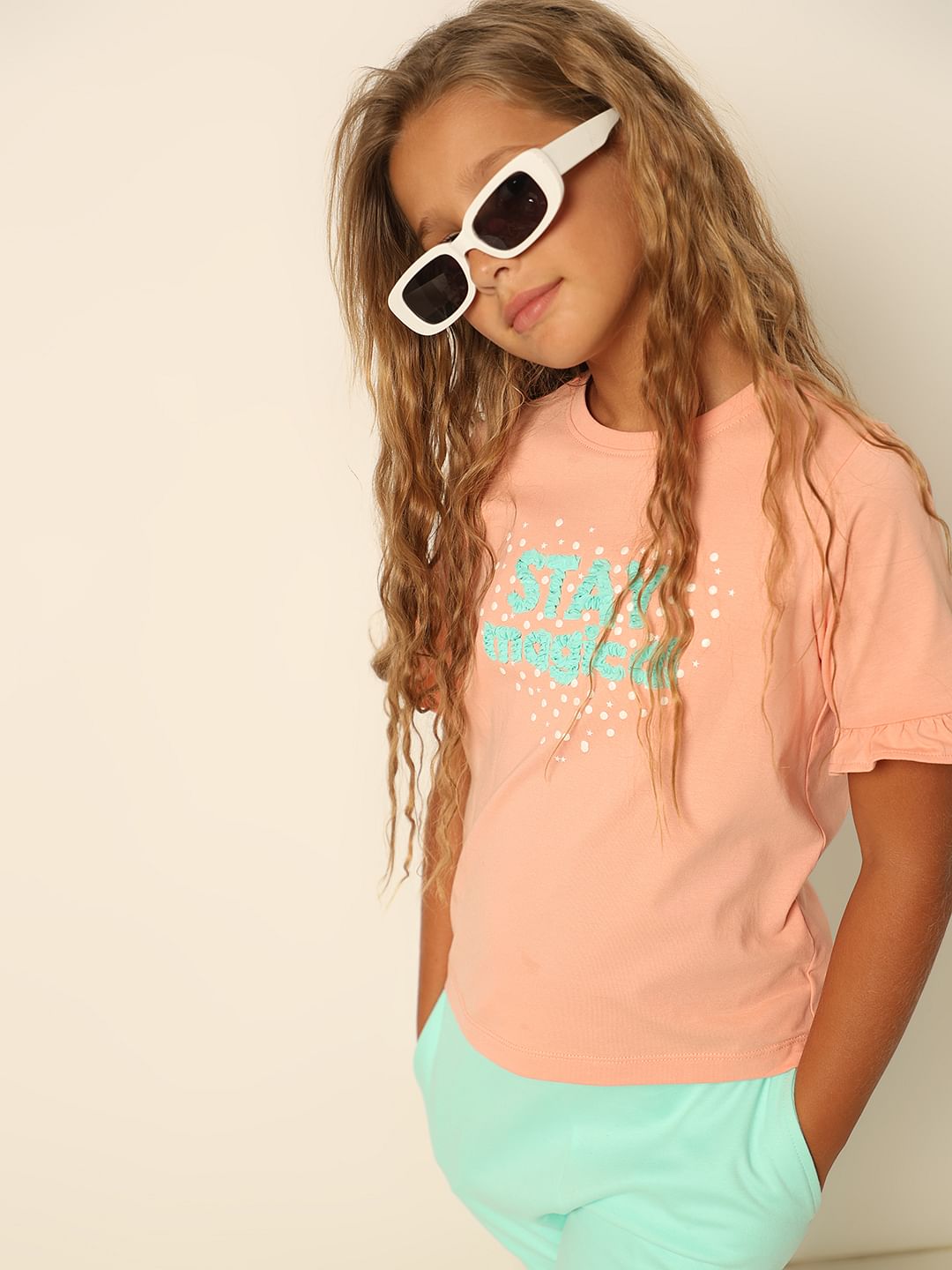 Girls Coral Typographic Print T-Shirt