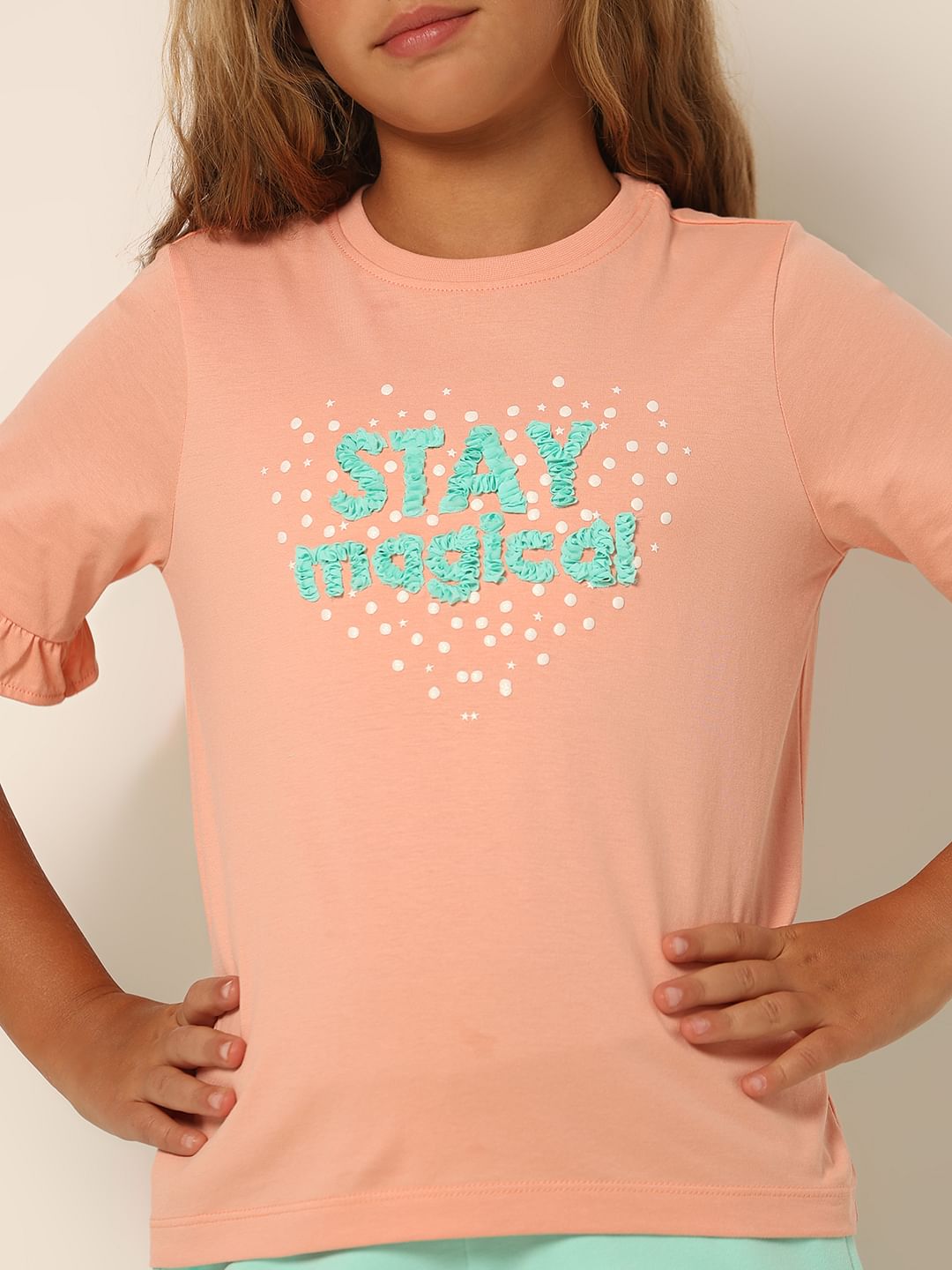 Girls Coral Typographic Print T-Shirt