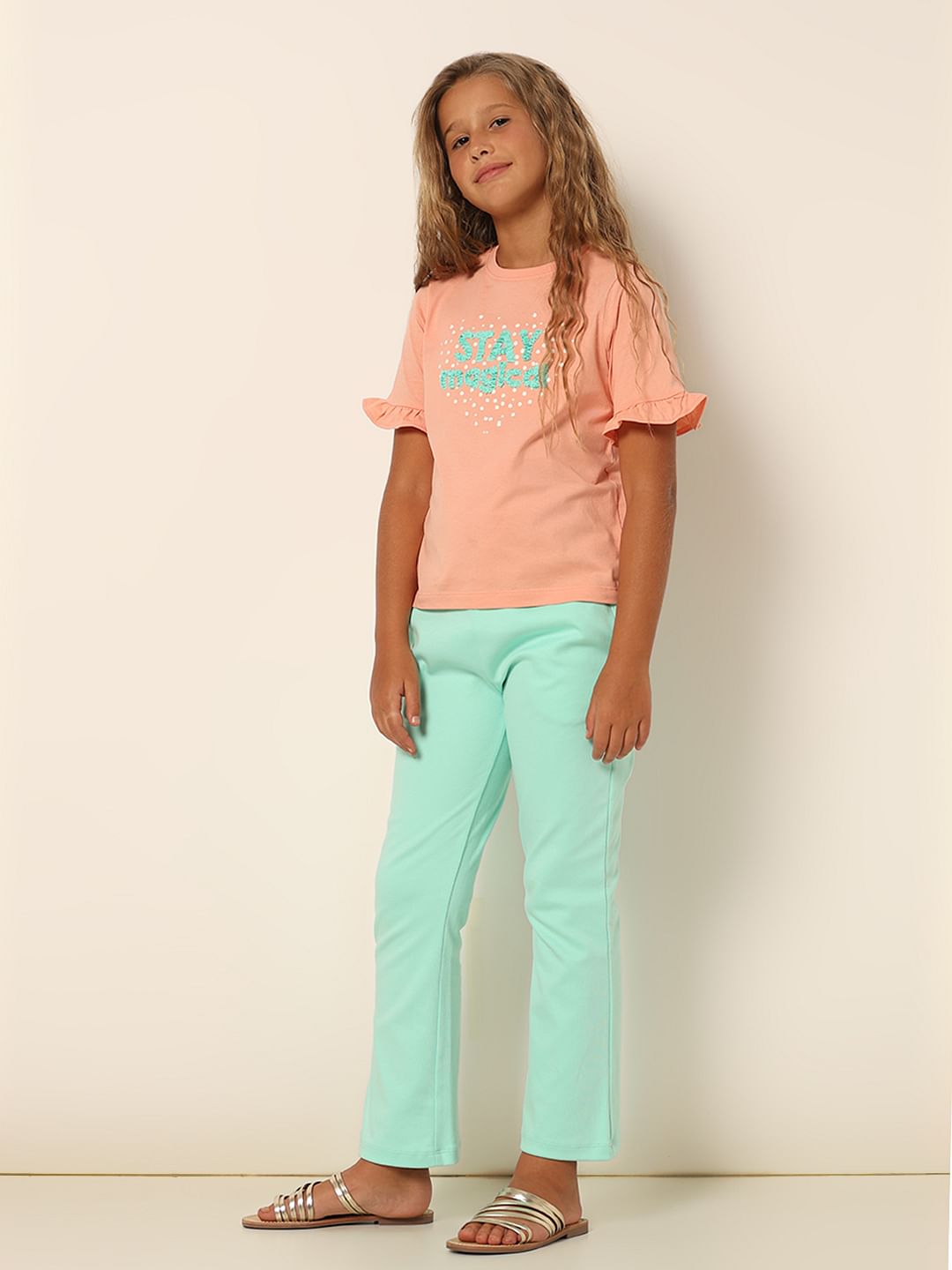 Girls Coral Typographic Print T-Shirt