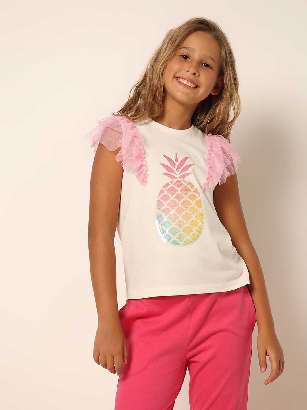 Girls White Ruffled Mesh T-Shirt