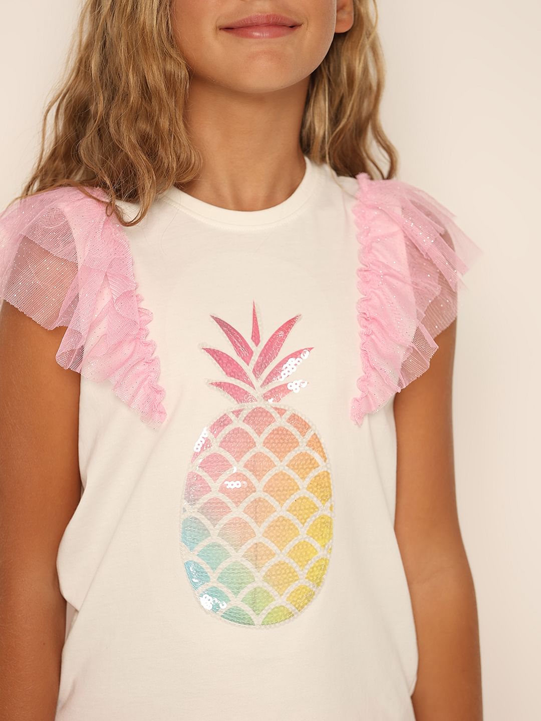 Girls White Ruffled Mesh T-Shirt