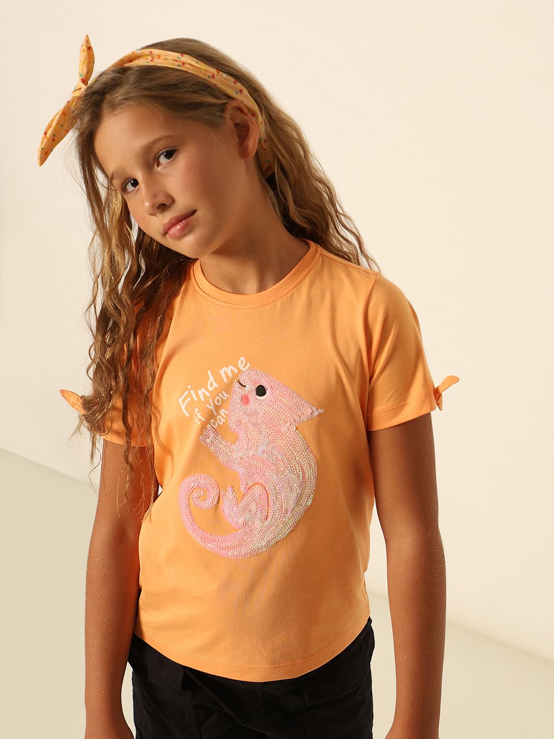 Girls Orange Sequin Graphic T-Shirt