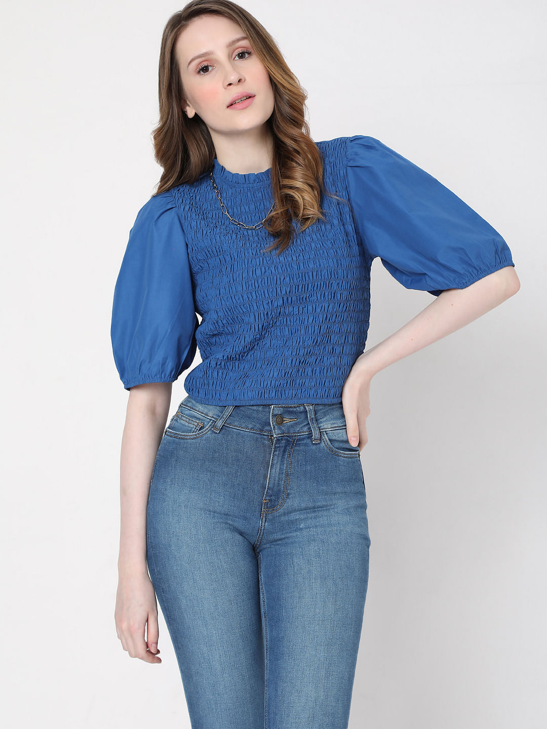 Blue Smocked Puff Sleeves Top