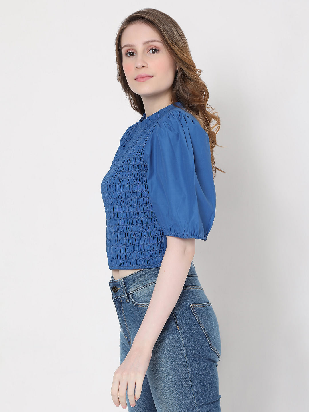 Blue Smocked Puff Sleeves Top