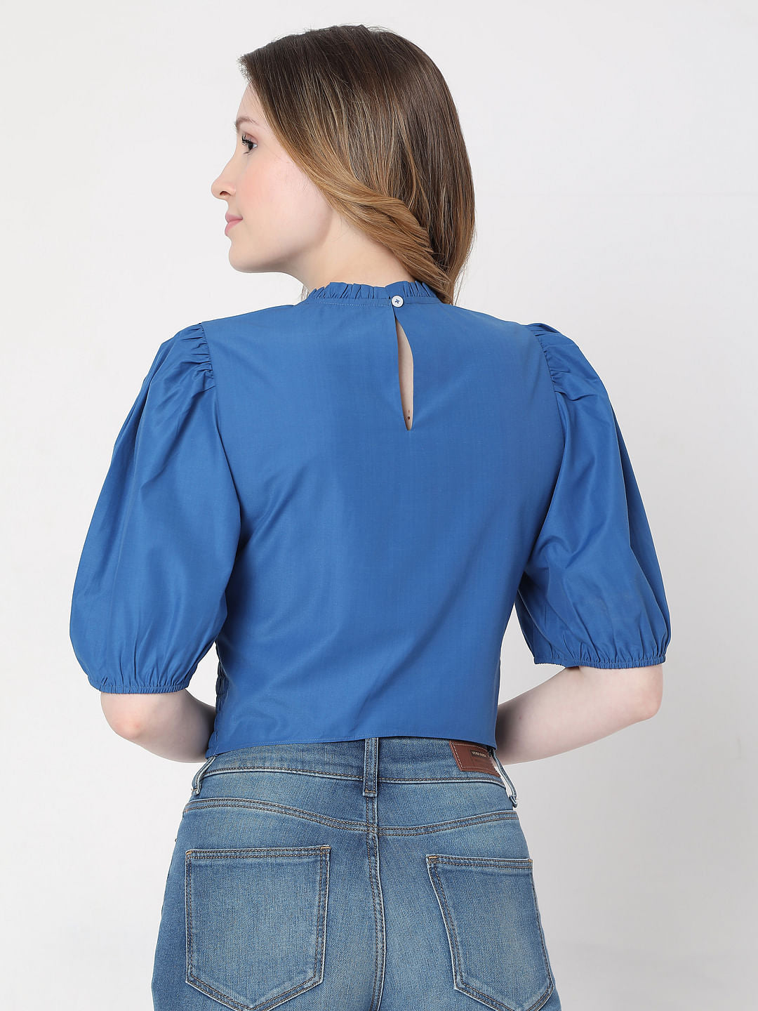 Blue Smocked Puff Sleeves Top