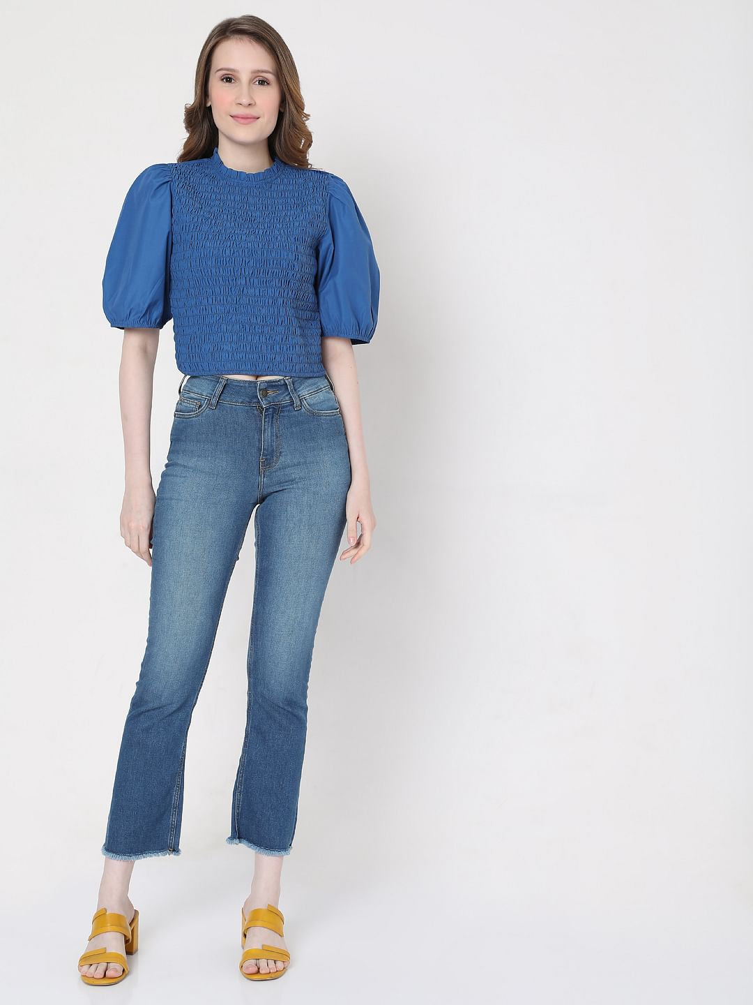 Blue Smocked Puff Sleeves Top