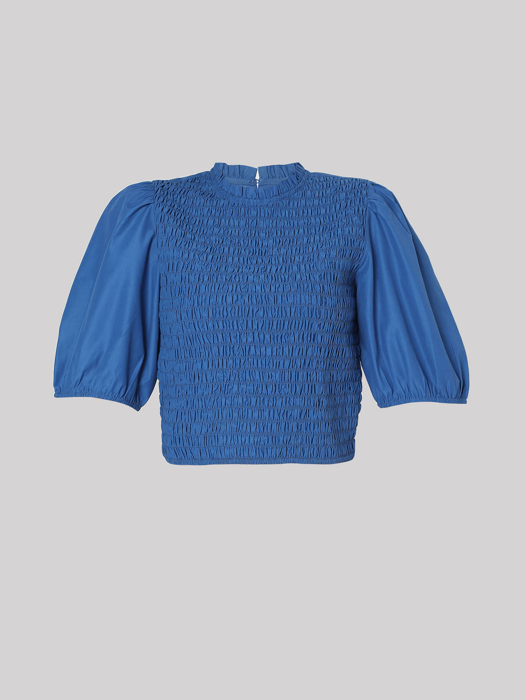 Blue Smocked Puff Sleeves Top