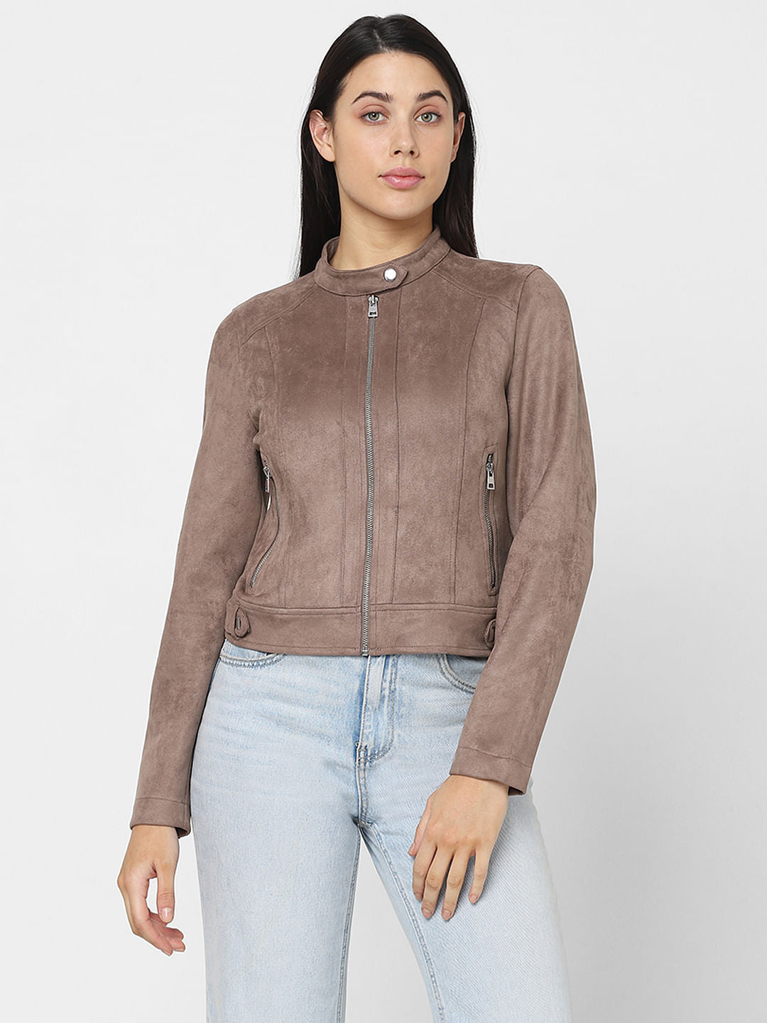 Brown Faux Suede Biker Jacket