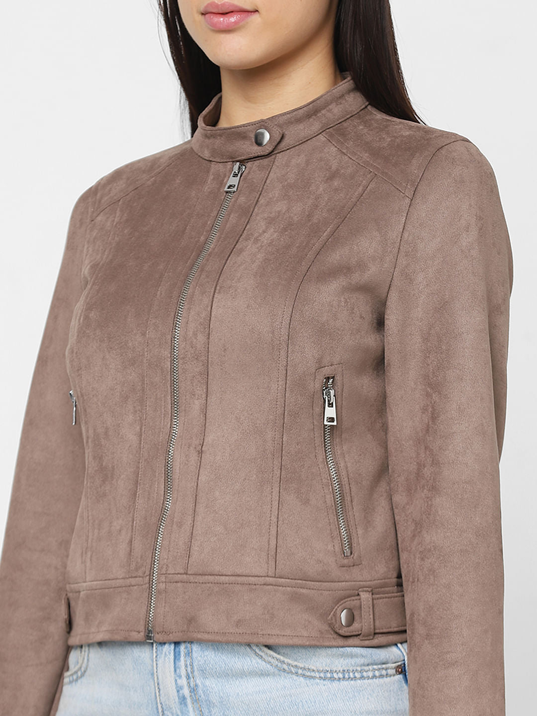 Brown Faux Suede Biker Jacket