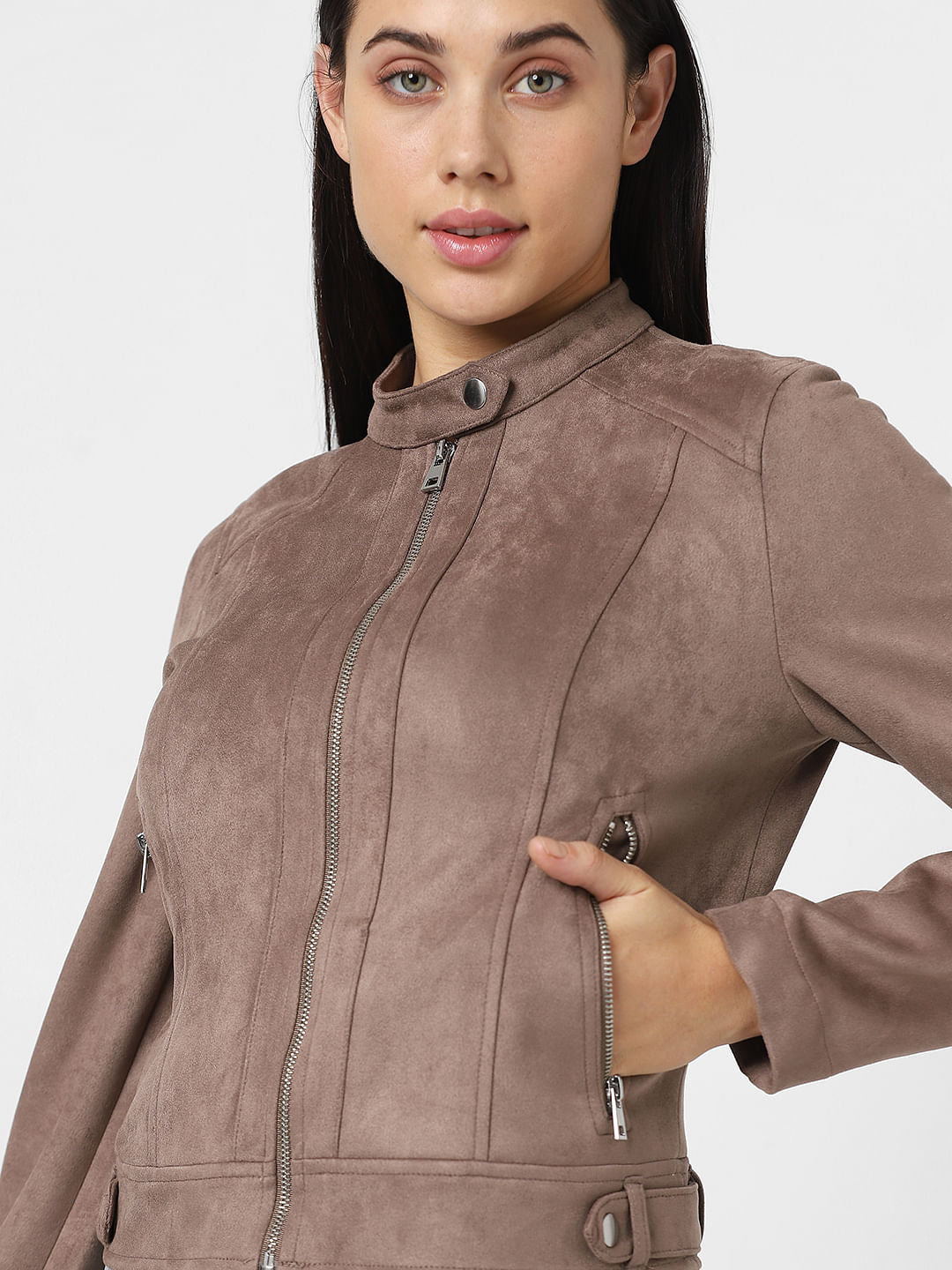 Brown Faux Suede Biker Jacket