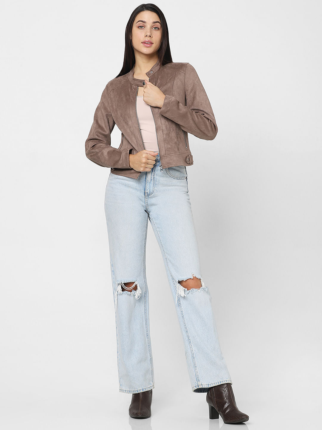 Brown Faux Suede Biker Jacket
